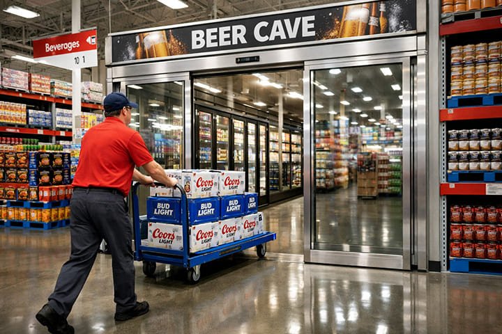 Automatic beer cave glass doors in warehouse, employee pushing pallet cart
