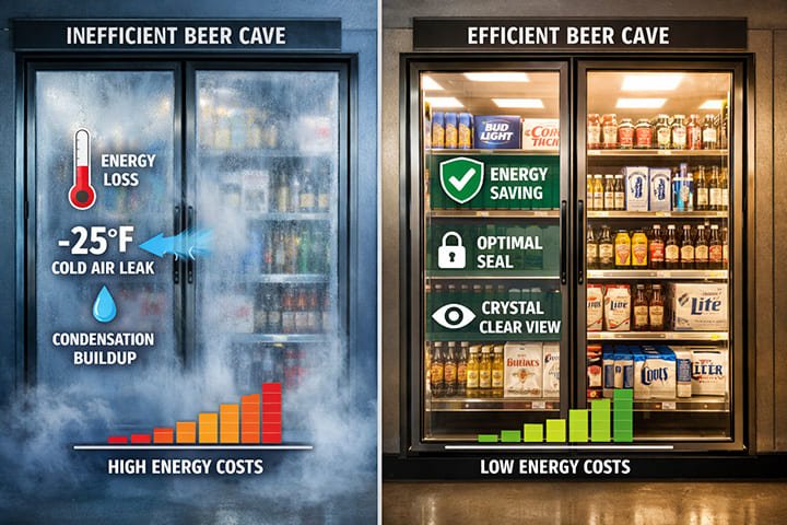 Comparison of energy-efficient vs fogged commercial beer cave glass doors