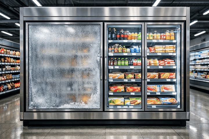 Commercial freezer glass doors showing fogged vs clear energy-efficient comparison