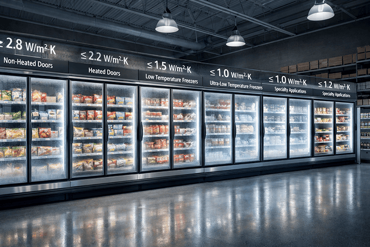 Commercial refrigeration glass doors with annotated U-values in supermarket freezer aisle