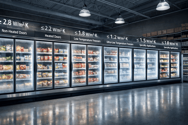 Commercial refrigeration glass doors with annotated U-values in supermarket freezer aisle