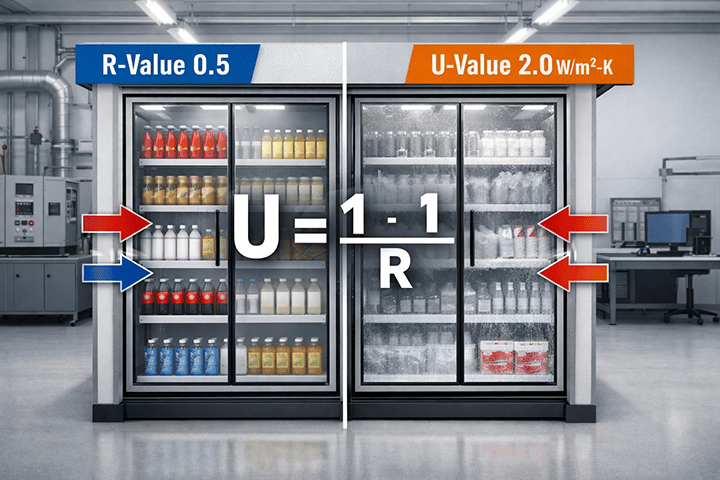 Comparison of refrigeration glass door systems with R-Value and U-Value in a testing lab