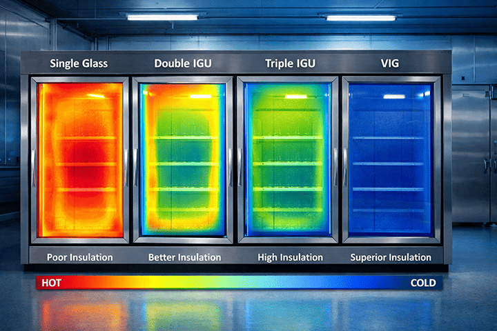 Four refrigeration glass doors comparison with thermal insulation heat map overlay