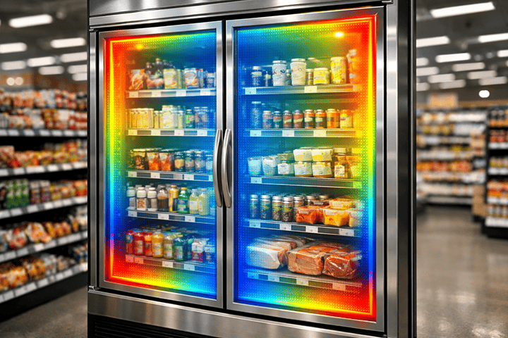 Glass door refrigerator with thermal visualization in supermarket