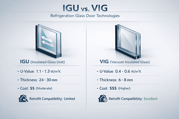 IGU vs VIG refrigeration glass door technology comparison infographic