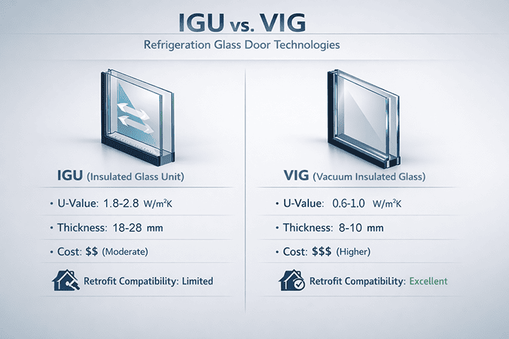 Commercial refrigeration glass doors with annotated U-values in supermarket freezer aisle