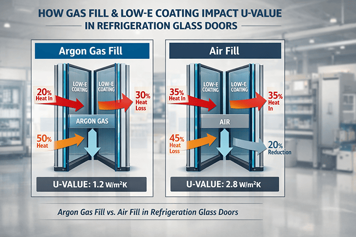 Low-E argon vs air refrigeration glass door U-value comparison infographic