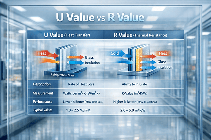 Refrigeration glass U Value vs R Value comparison infographic