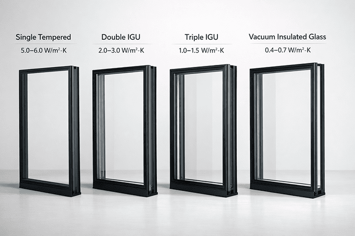 Refrigeration glass door types comparison with U-value ratings
